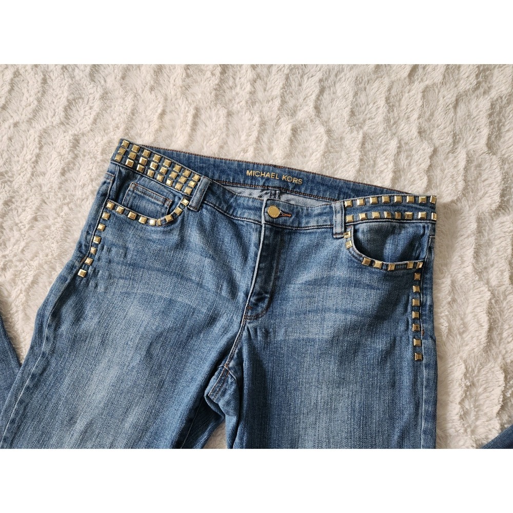 Michael Kors Studded Skinny Jeans Women's Size 12 Blue Denim Gold Square‎ Studs